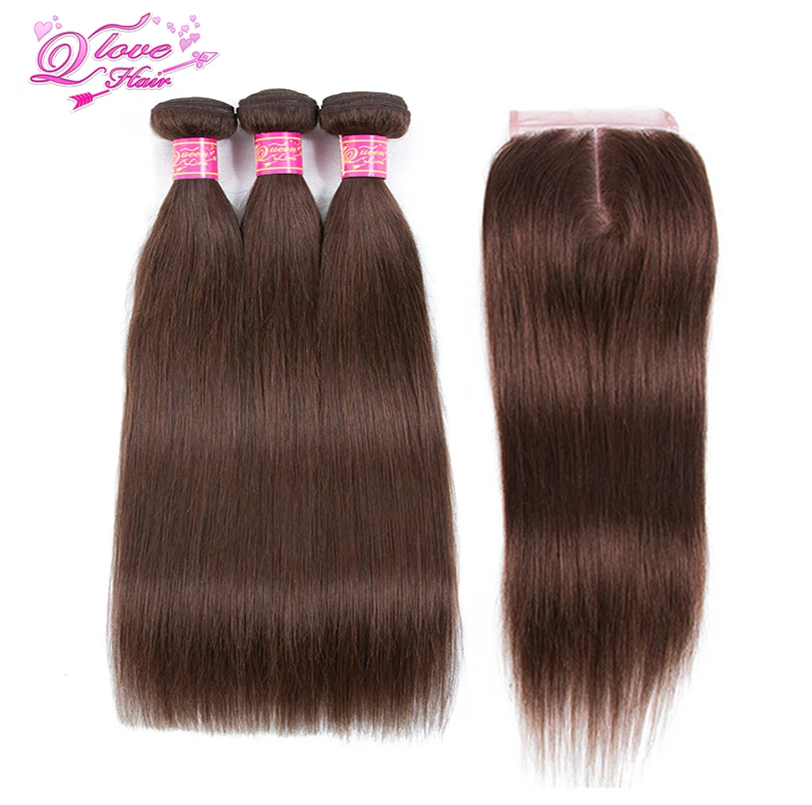 Queen Love предварительно крашеные бразильские волосы прямые 100% человеческие волосы плетение #4 цвета 3 пучка с закрытием волос расширение не-Remy