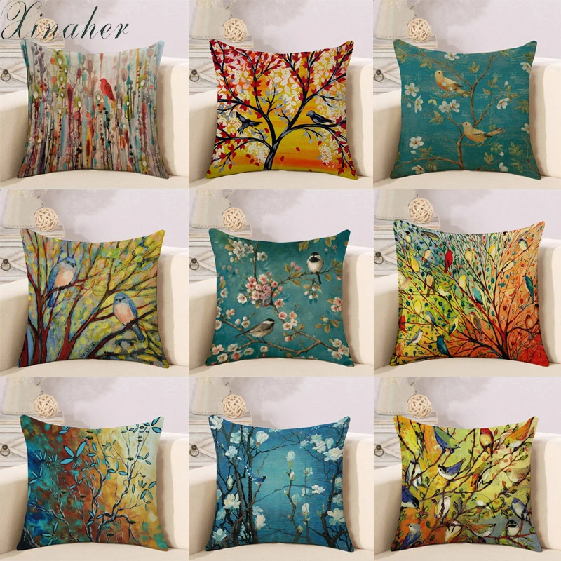 

45*45cm bird and Flower Cushion Cover Sofa Chair Waist Cotton Linen Pillow Cover Colorful Pillowcase Fresh Home Decor