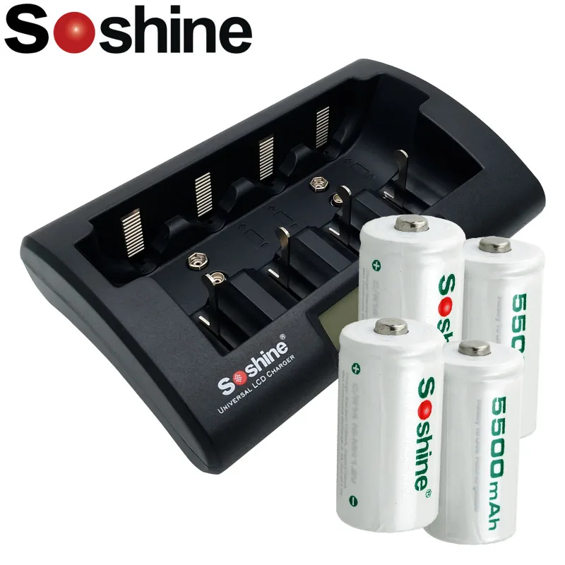 Goede 4 stuks Soshine 5500 mah oplaadbare C (C R14) batterij met lcd scherm batterij oplader voor AA AAA C D batterij