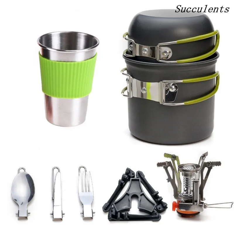 

Camping Pot Cookware Sets Mini Gas Stove With Stand Fork Spoon Knife Utensils Outdoor Tableware Dinner Picnic Tableware