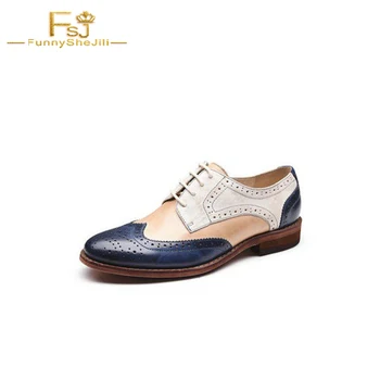

Navy and White Women's Oxfords Vintage Lace up Flats Comfortable Shoes Woman Casual Lace-up Pointed Toe Mixed Colors FSJ