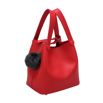 

Fashion Autumn Korean Women Handbag PU Leather Solid Color Bag Plush Ball Decor Ladies Girls Casual Bucket Bags 88 Best