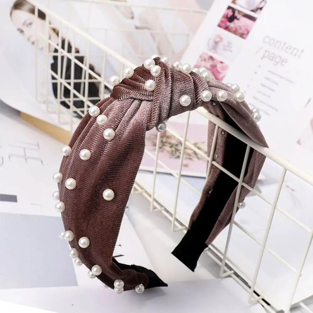 

Bohemian Solid Color Soft Velvet Center Knot Wide Hairband with Pearl Knotted Hairband customized Hair Accessories