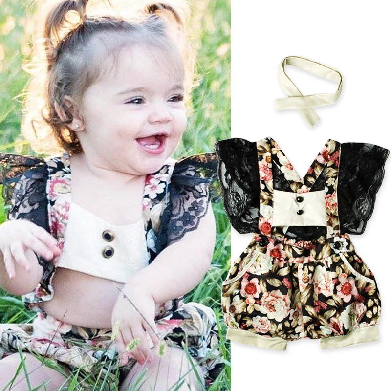 Fashion Summer Newborn Baby Girls Clothes Flower Printing Floral Romper Back Deep V neck