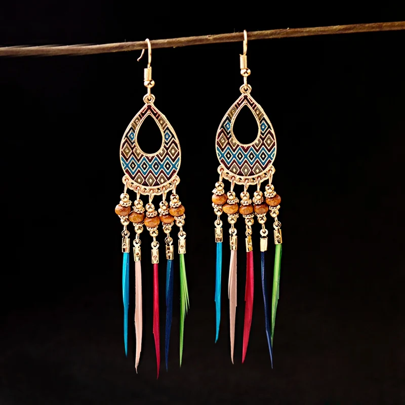 Ethnic Bohemian Boho Long Feather Indian Earrings For Women Brincos Bijoux Charm Gypsy Hippie Tribe Vintage Ladies Earrings