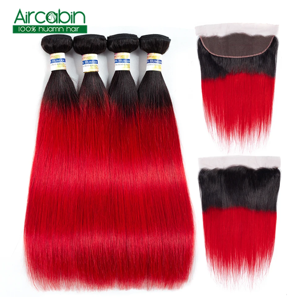 

T1B Red Straight Hair Bundles with frontal Brazilian Hair Weave Bundles Human Hair Extensions 4 Bundles With Closure Non Remy