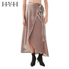 HYH HAOYIHUI бренд женские коричневые бархатные повседневные юбки высокая талия с поясом эластичные женские элегантные мягкие юбки на пуговицах женские
