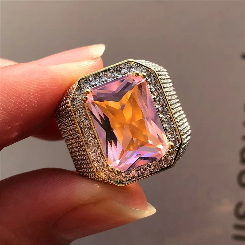 Модное большое мужское фиолетово-желтое геометрическое кольцо с кристаллами, белым цирконием, обручальное кольцо, 18 К Золотое большое обручальное кольцо для мужчин