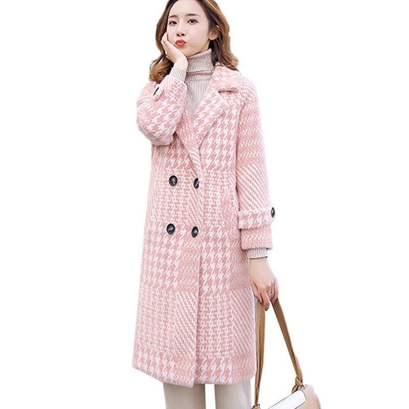 

2019 Autumn Winter Jacket Women Plaid Coats Warm Medium Long Imitation Mink Woolen Coat Women Clothing High Quality Outerwear