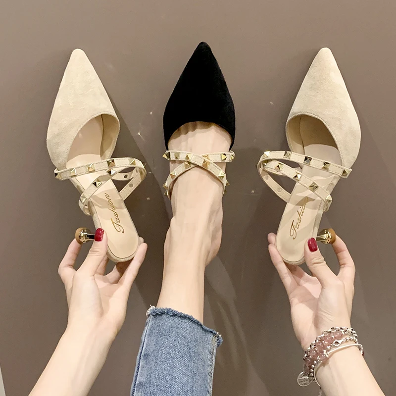 

Sandals and slippers women wear 2019 summer new net red wild head half slippers stiletto high heel Mules shoes