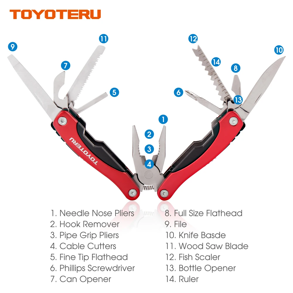 TOYOTERU 14 в 1 мультиинструмент многоцелевой плоскогубцы, нож, линейка, резак кабеля, игла плоскогубцы, пила, пилка, отвертки