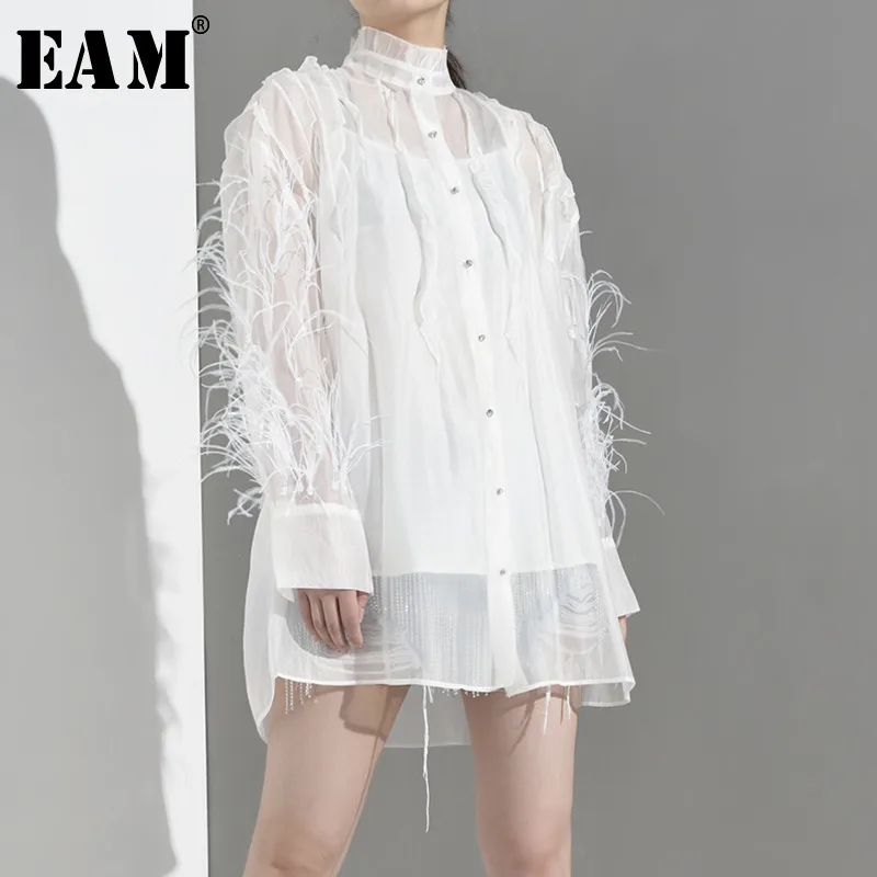 

[EAM] 2019 New Autumn Winter Stand Collar Long Sleeve White Feather Tassels Split Joint Big Size Shirt Women Blouse Fashion JT28