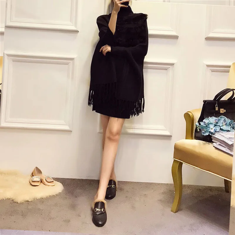 Billig Frauen Echt Kaninchen Pelz Mantel Pullover Mantel Neue Ankunft Mode Herbst Dame Hohe Kragen Fledermaus Ärmel Quaste Poncho Pullover Mantel