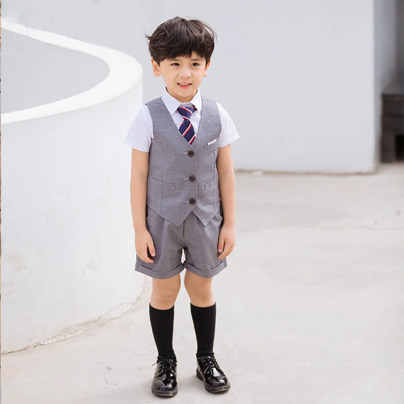 Детская Корейская японская школьная форма для девочек и мальчиков, белая футболка серая юбка, шорты, жилет с галстуком, комплект одежды, Студенческие Костюмы - Цвет: boys set