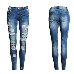 Новые пикантные Для женщин джинсовые узкие брюки Высокая талия стрейч джинсы рваные джинсы mujer Большие размеры джинсы W326