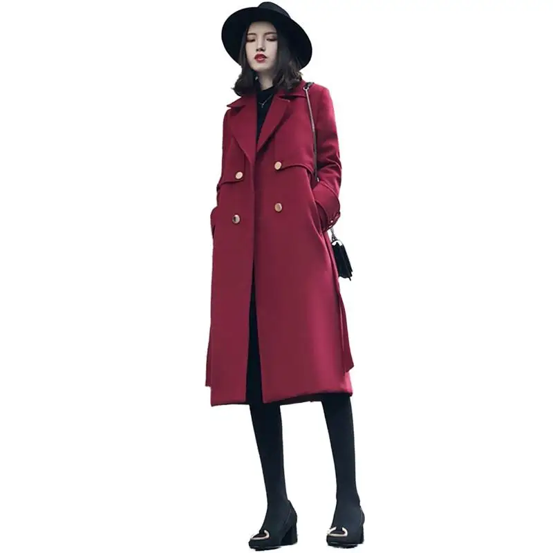 Vrouwen Herfst Winter Nieuwe Cassic Eenvoudige Wollen Maxi Lange Jas Vrouwelijke Vintage Brede Revers Riem Pocket Wol Blend Coat Bovenkleding v179