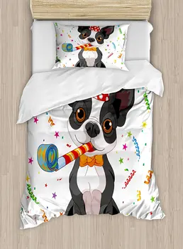 

Duvet Cover Set , Black and White Boston Terrier Dog with Colorful Party Celebration Backdrop, 4 Piece Bedding Set