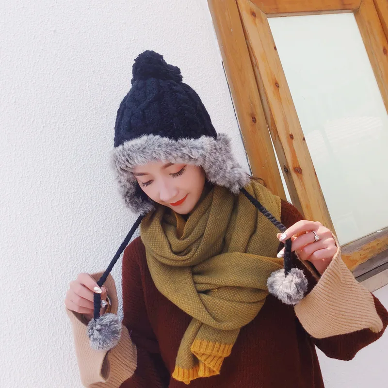 New Korean Fashion Autumn And Winter Rabbit Fur Ball Knit Hats Warm Earmuffs Outdoor Wild Double Thickening Women Hats HC06 (7)