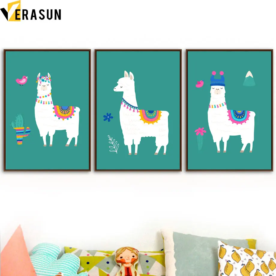 

Bird Llama Cactus Flower Nursery Art Print Wall Art Canvas Painting Nordic Posters And Prints Wall Pictures Baby Kids Room Decor