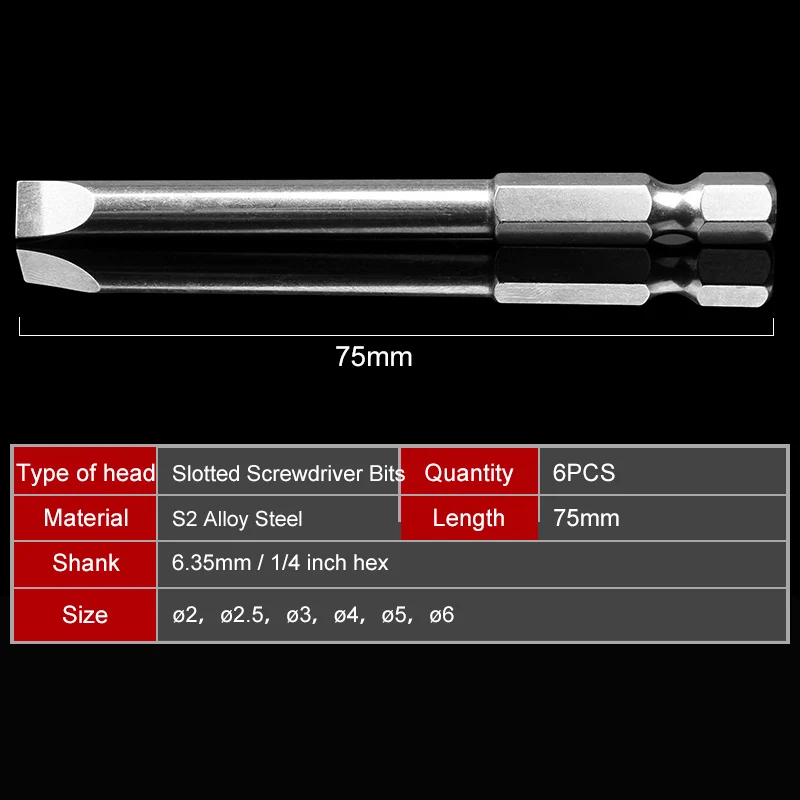 

6pcs/set 75mm 2.0-6.0mm S2 Slotted Tip Screwdriver Bit Alloy Steel Flat Head Slotted Screwdrivers Tools Kits