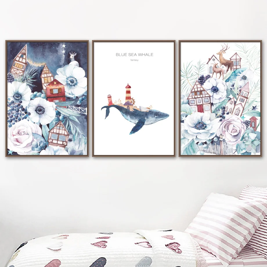 

7-Space Watercolor Wall Art Fairytale Town Canvas Painting Posters And Prints Kids Room Decoration Nordic Wall Pictures No Frame