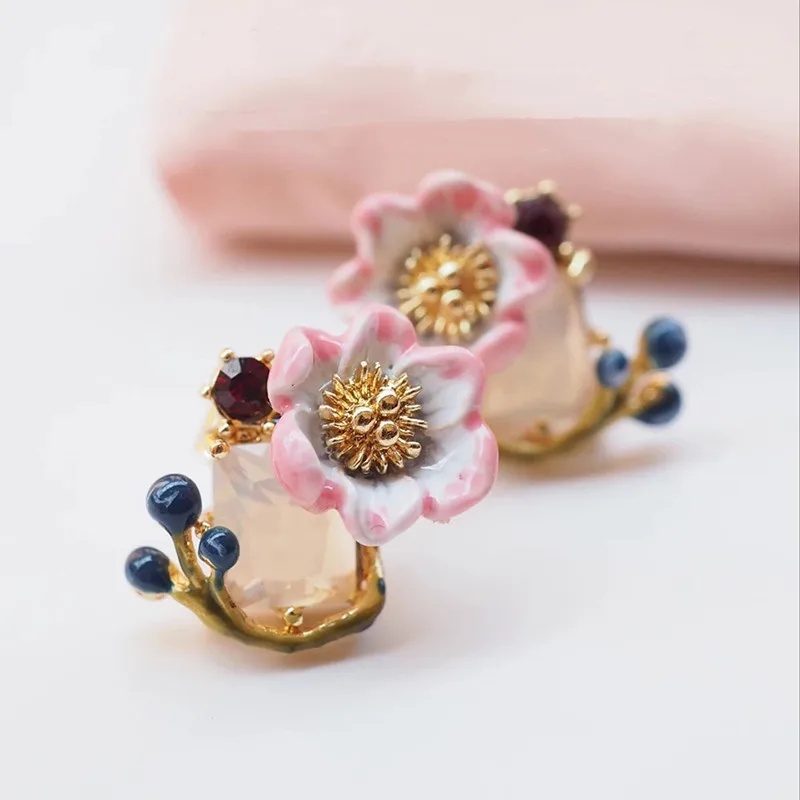 

Amybaby Oriental Rose Pink Flower Faceted Glass And Berries Stud Earrings Enamell Glaze Jewelry for Party