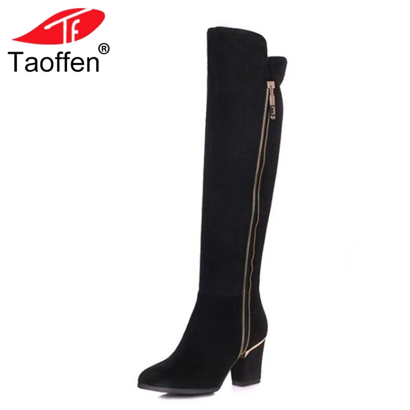 

TAOFFEN Women Natural Real Leather Knee Boots Winter Boots Sexy Square Heel Pointed Toe Zipper Women Boots Bota Shoes Size 34-39