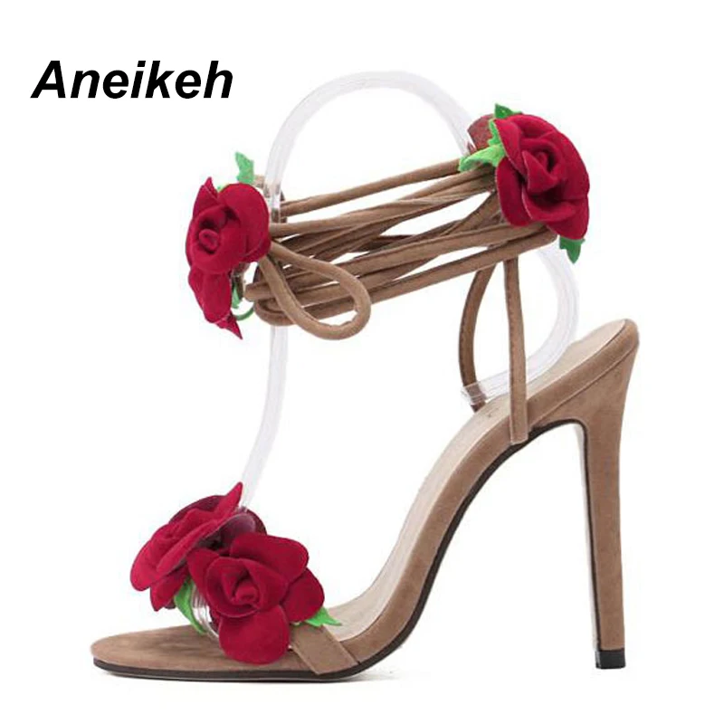 Aneikeh Red Flower Women Shoes Lace Up Summer High Heels Shoes Wedding Party Women Pumps Zapatos Mujer Size 4~9 D-558-10#