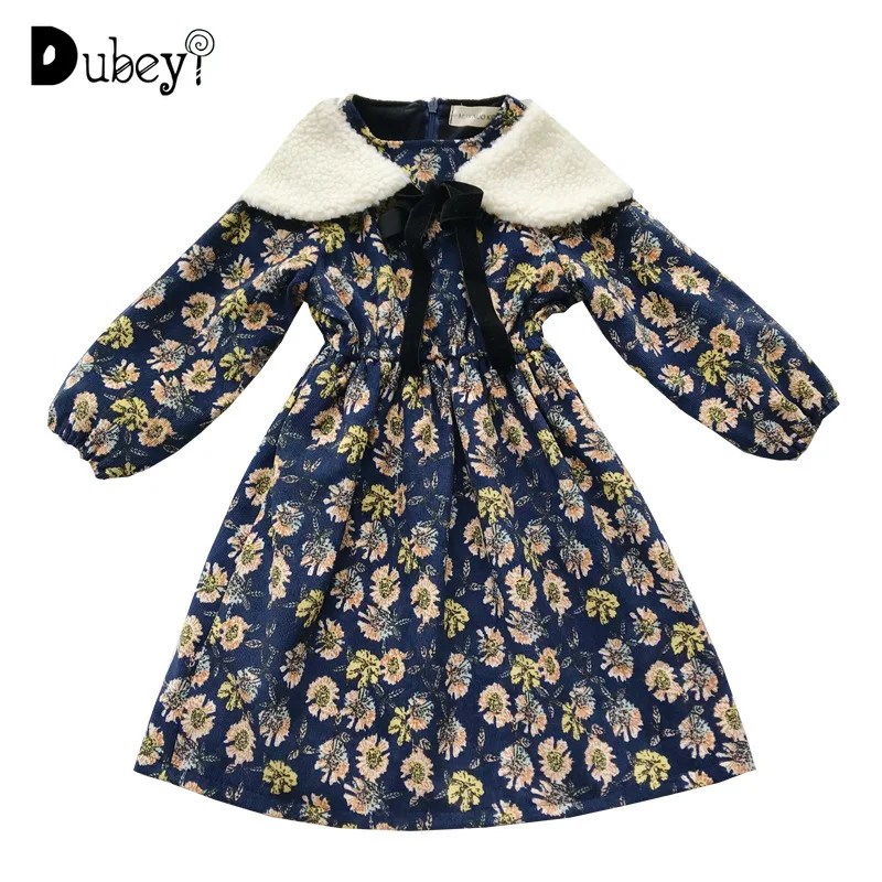

Toddler Girls Flowers Winter Dress Vintage Children Floral Pattern Dress with Fur Collar Fleece Fall Winter Baby Clothing
