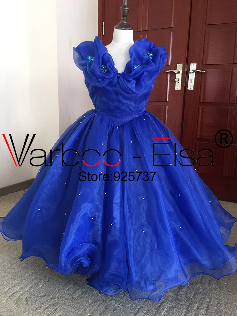 VARBOO_ELSA/платье Золушки Королевского синего цвета платье для свадебной вечеринки для девочек с помпоном милое платье для мамы и дочки из органзы с цветочным узором для девочек