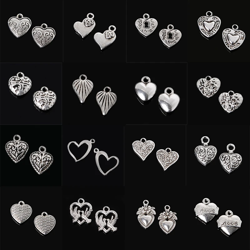 

1 Pack/lot Antique Silver Plated Love Heart Charms Pendants for Bracelet Necklace DIY Jewelry Making Finding Accessories 6-55pcs