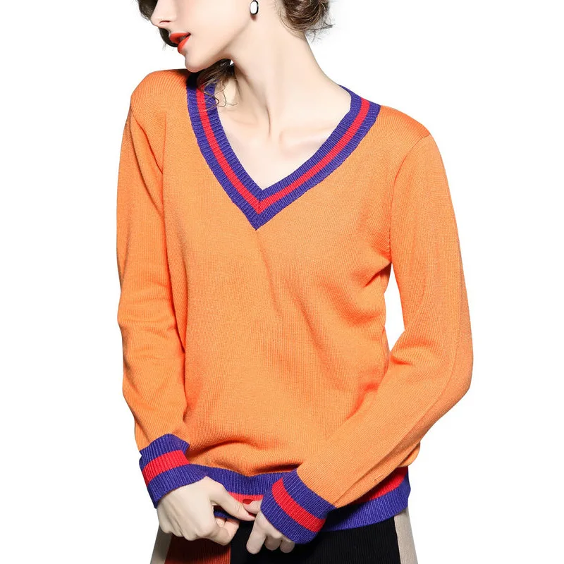 V-neck elastic knit patchwork loose pullovers sweater 2018 new women autumn basic long sleeve sweater