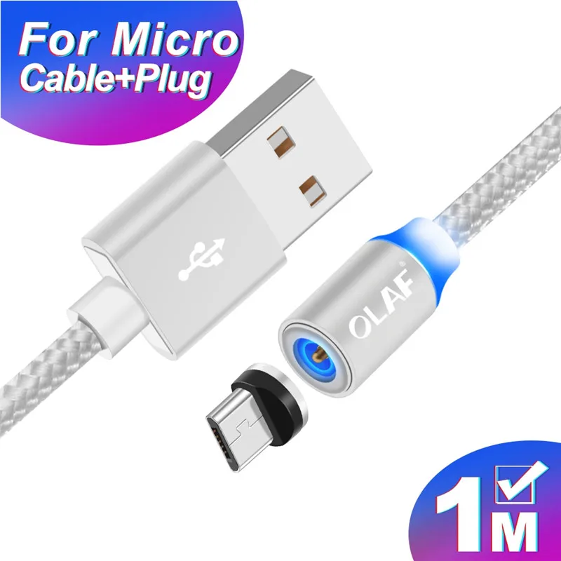 Магнитный Micro USB кабель OLAF 2A Зарядка 1 м 2 м светодиодный магнитный кабель для зарядки и передачи данных для Xiaomi 4X huawei P8 Lite samsung A5 J5 J7 - Цвет: 1M Silver MicroCable