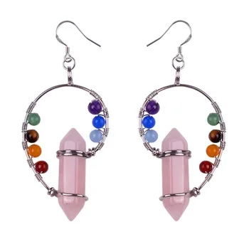 New 7 chakra Rose Quartz hexagonal pillar 925 sterling silver yoga treatment department exaggerated style woman earrings