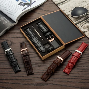 

12/13/14/17/18/19/20 mm Soft genuine Leather Watch Bands Strap Stainless Steel Clasp Watchband Set Pin Tools With Box Set