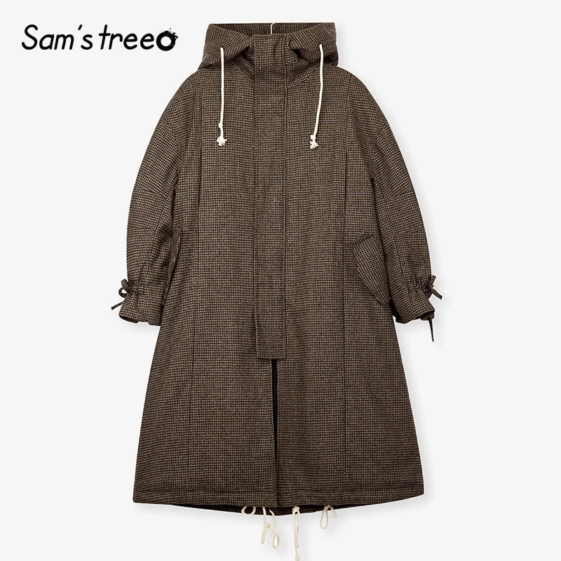 Samtree 26.1% Wool Coat Winter Hooded Women Long Coat Elastic Waist Drawstring Female Loose Blends Coat Outwear