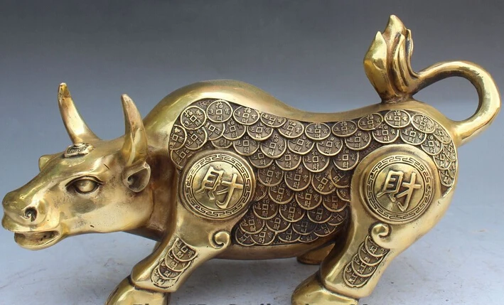 

003330 14" Chinese Bronze Wealth Money Coins Zodiac Year Oxen Cattle Animal Statue