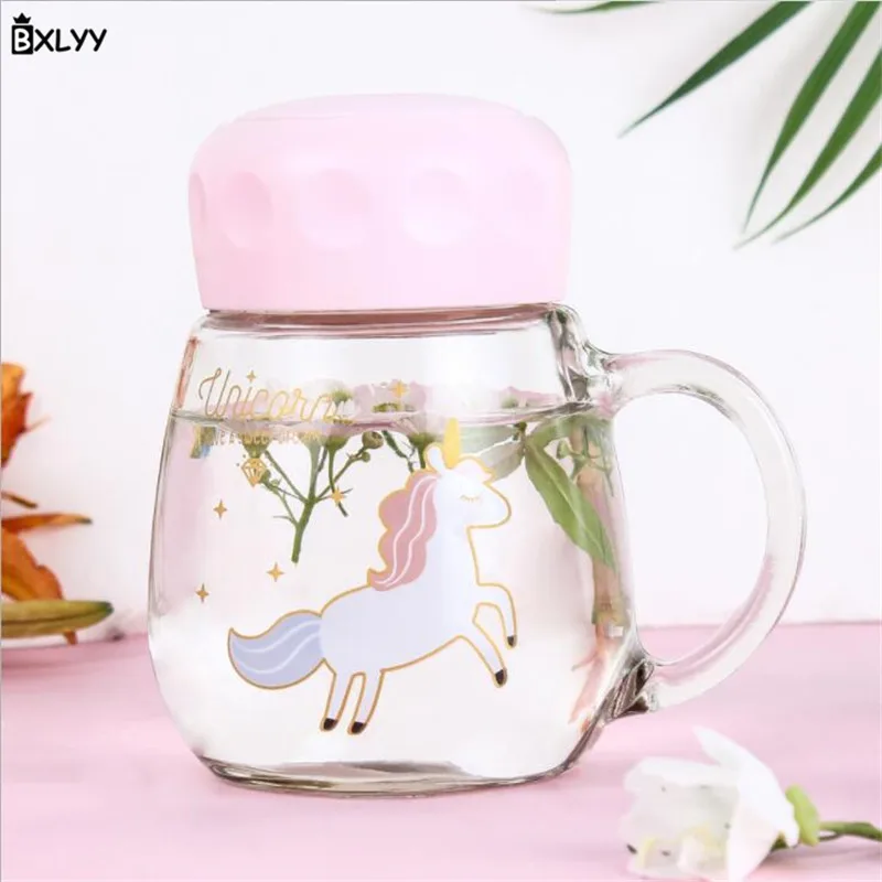 

BXLYY 350ml 1pc Creative Cute Unicorn Glass Portable Water Bottle Student Water+ Bottle Transparent Covered Cup Sports Shaker.8z