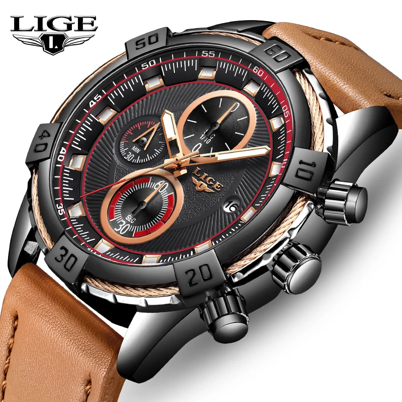 

LIGE New Men'sTop Brand Luxury Watches Fashion Casual Sport Watch Men Leather Waterproof Watch Business Clock Relogio Masculino