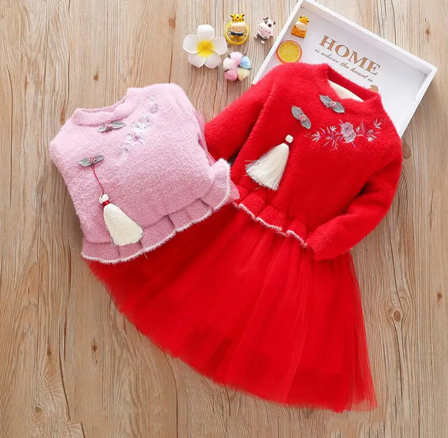 Платье для девочек; зимнее Брендовое вязаное платье-свитер; костюм принцессы; пуловеры для девочек; детская одежда; детское платье с длинными рукавами; HW2179
