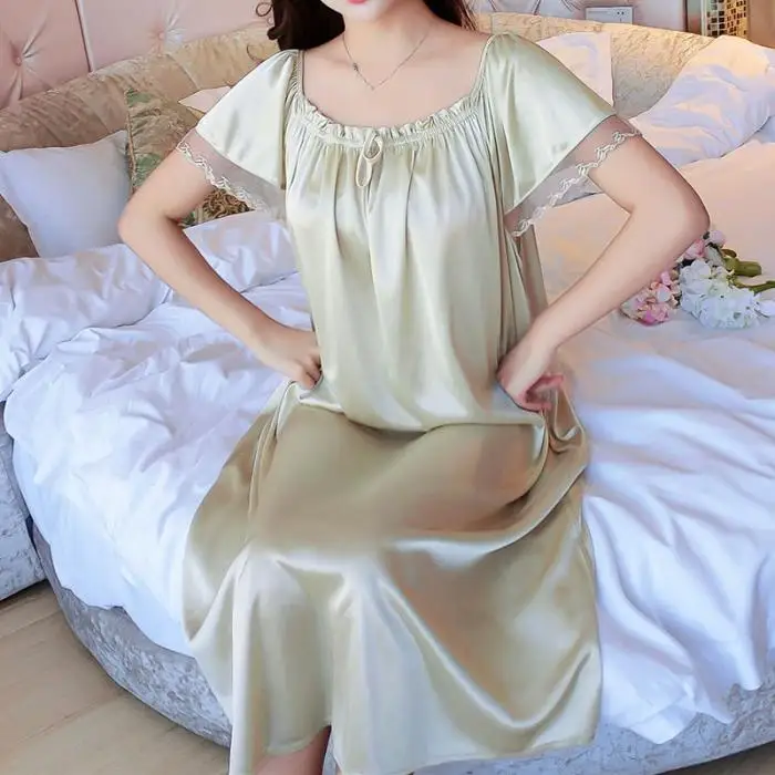 Ladies Nightgown Soft Crew Collar Short Sleeve Long Sleeping Dress NSV775
