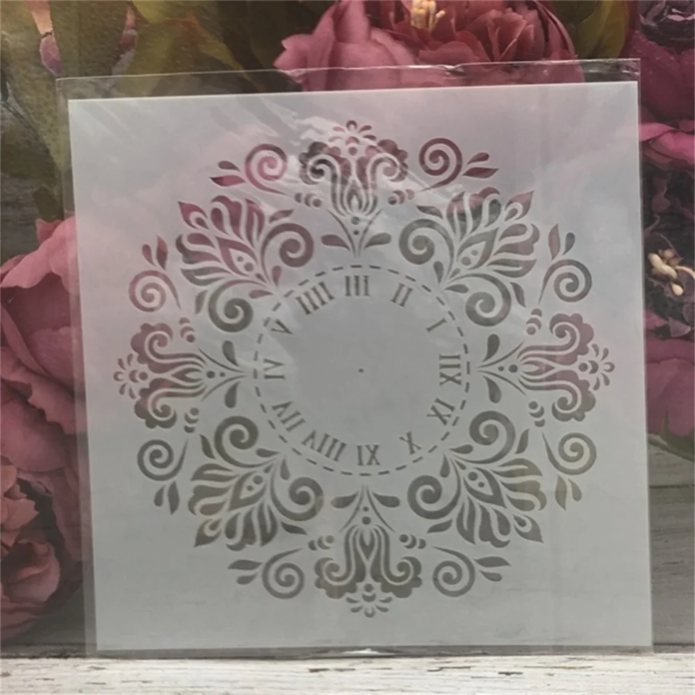 

1Pcs 15*15cm Clock Flower Rome DIY Layering Stencils Painting Scrapbook Coloring Embossing Album Decorative Card Template