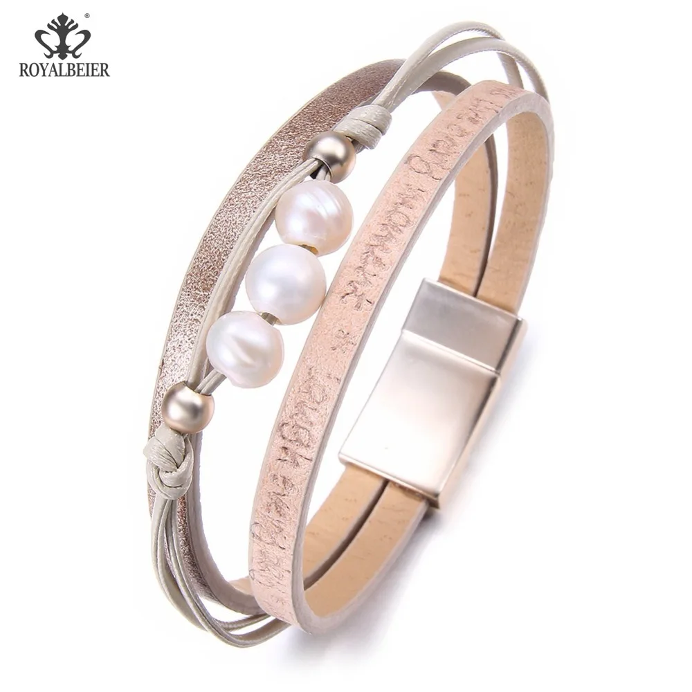 

ROYALBEIER Snap Button Jewelry Pearl Leather Bracelet Punk Multilayer Magnet Buckle Cuff Bracelets Feminino Snaps Jewelry SZ0704