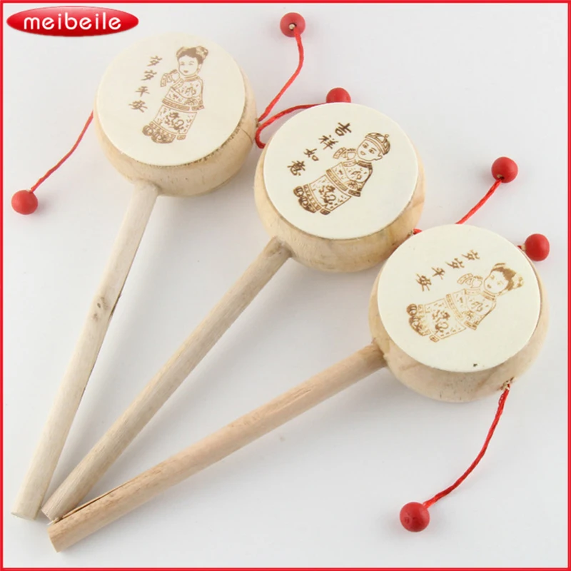 5pcs/lot Wooden Chinese Traditional Hand Rattle Drum Handbell Toddler