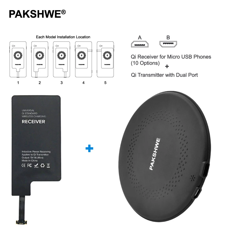 

Qi Wireless Charger Kit, Wireless Charging Transmitter Micro-USB Receiver Bundle for Huawei Android Micro USB Phones Universal