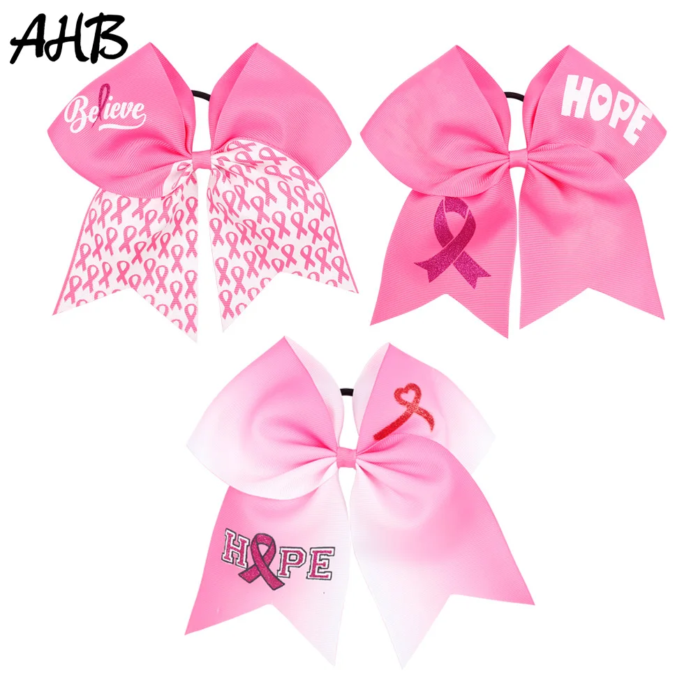 

AHB Breast Cancer Awareness 7 Inch Hair Bows for Girls Cheer Bows with Elastic Hair Rubber Band Hair Rope Cheerleader Headwear