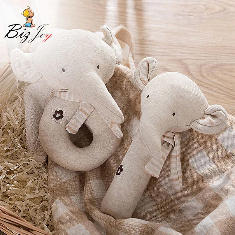 

2pcs/set Infant Baby Rattle Organic Cotton Grasp Animal Hand Stick Toy Squeaker Developmental Appease Toy Elephant Bear Rabbit