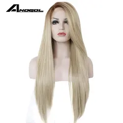 Anogol высокое температура волокно Glueless длинные прямые Ombre коричневый до блондинка синтетический синтетические волосы на кружеве парик для