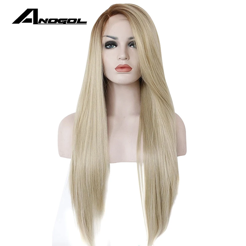 

Anogol 2 Tones Ombre Brown Blonde Synthetic Lace Front Wig Peruca Laco Sintetico Long Straight Heat Resistant Hair Wigs Women