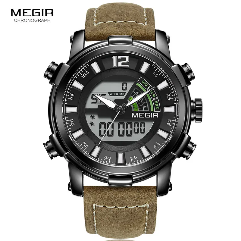 

Megir Men Watches Digital Chronograph Quartz Sports Watch Double Time Zone Leather Strap Luminous Hands WristWatch Man 2089G